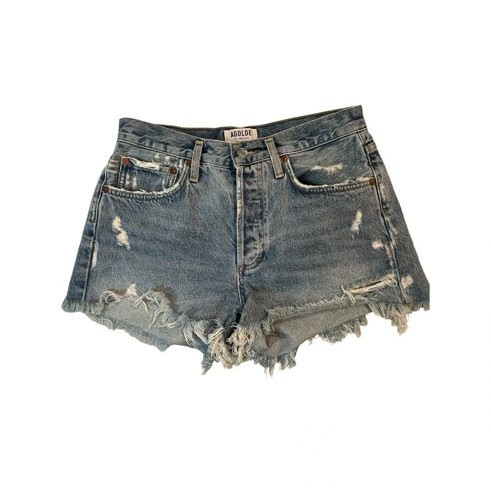 Agolde Women's Size 26 Light Blue Denim Shorts Frayed Distressed‎ High Wisted